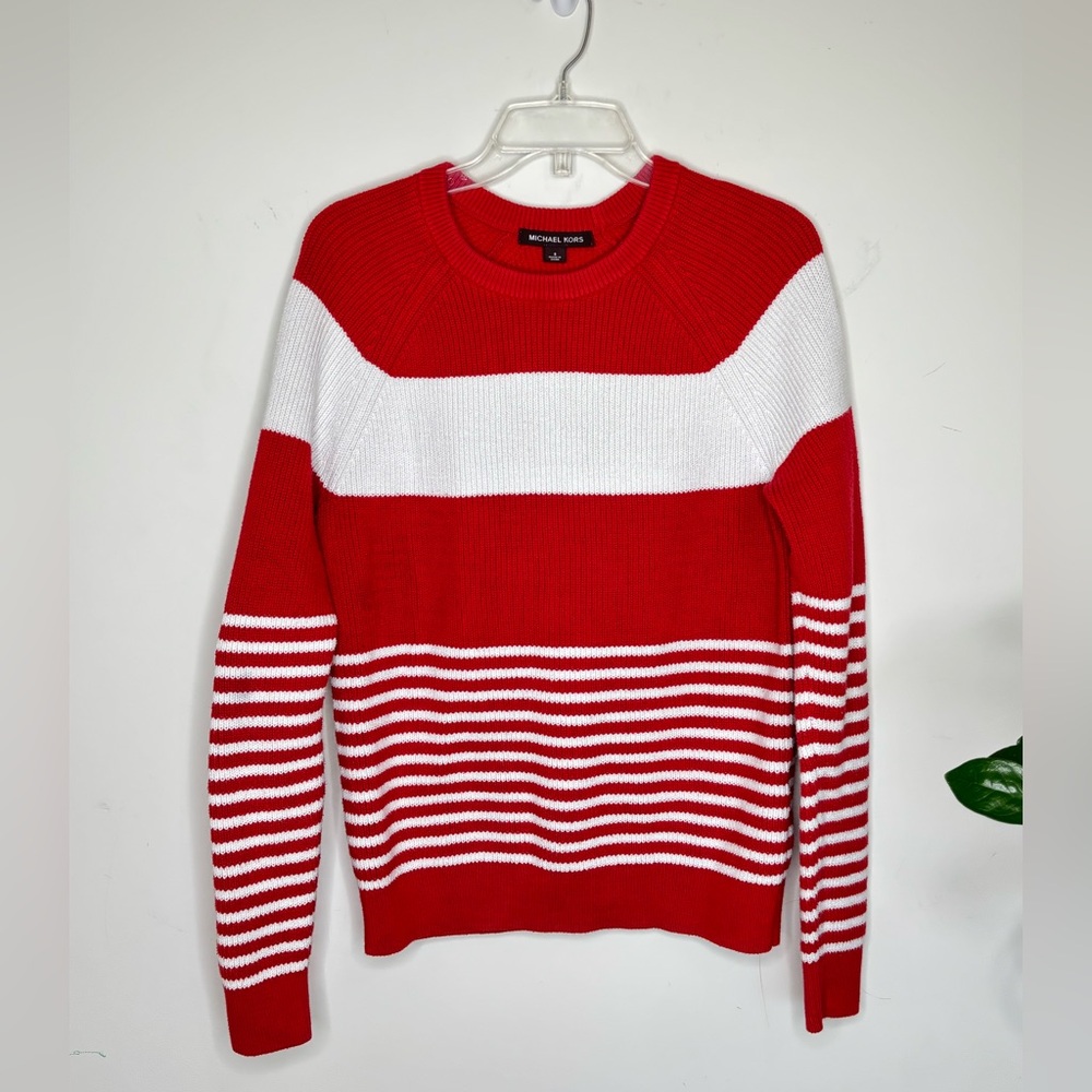 Men’s Michael Kors Red and White Striped Crewneck Sweater